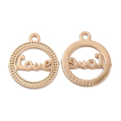 Light Gold Long-Lasting Plated Brass Filigree Charms, Flat Round with Word Love Charm, Light Gold, 9.5x8x0.3mm, Hole: 0.9mm