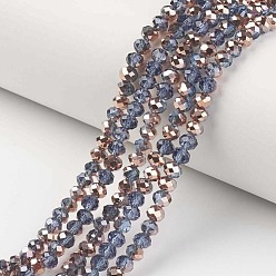 Bleu Acier Plaquent verre transparent perles brins, la moitié du cuivre plaqué, facette, rondelle, bleu acier, 3.5x3mm, Trou: 0.4mm, Environ 123~127 pcs/chapelet, 13.7~14.1 pouce (35~36 cm)