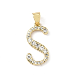 Letter S Латунные микро проложить кубического циркония подвески, без свинца и без кадмия, долговечный, реальный 18 k позолоченный, стойки покрытие, Письмо с, 20x10x2 мм, отверстие : 4.5x3 мм