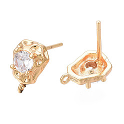 Golden Brass Clear Cubic Zirconia Stud Earring Findings, with Vertical Loop, Cadmium Free & Nickel Free & Lead Free, Teardrop, Golden, 10x7mm, Hole: 0.9mm, Pin: 0.8mm