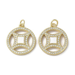 Real 18K Gold Plated Brass Micro Pave Cubic Zirconia Pendants, with Shell, Copper Cash, Real 18K Gold Plated, 21.5x18.5x3mm, Hole: 3mm