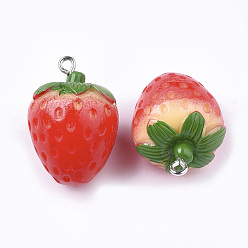 Red Resin Pendants, with Platinum Tone Iron Findings, Imitation Food, Strawberry, Red, 28~29x20x20mm, Hole: 2mm