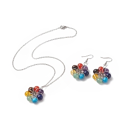 Mixed Stone Natural & Synthetic Mixed Gemstone Beaded Flower Dangle Earrings & Pendant Necklace, 304 Stainless Steel Jewelry Set for Women, 17-7/8 inch(45.5cm), 50mm, Pin: 0.6mm