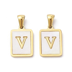 Letter V Ion Plating(IP) 304 Stainless Steel Pave Shell Pendants, Rectangle Charm, Real 18K Gold Plated, Letter V, 17.5x12x1.5mm, Hole: 3x5mm