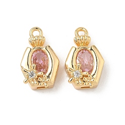 Лавандовый румянец Латунные микро проложить кубического циркония подвески, овальные с цветком, реальный 18 k позолоченный, лавандовый румянец, 17x10.5x6.5 мм, отверстие : 1.6 мм