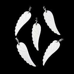 White Natural Freshwater Shell Pendants, Wing Charms with Platinum Plated Brass Pinch Bails, White, 48.5~49x16x2.5mm, Hole: 4.5x4mm