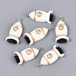 Белый Непрозрачные подвески смолы, ракетные чары, с железной платиной петлей, белые, 36x16x9 мм, отверстие : 2 мм