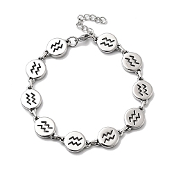 Водолей 12 созвездия 304 браслеты-цепочки из нержавеющей стали для женщин, плоско-круглые, цвет нержавеющей стали, Водолей, 8-3/8 дюйм (21.4 см)