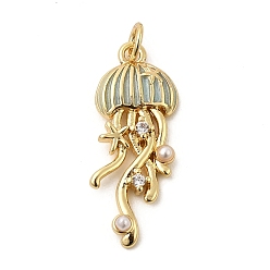 Светло-голубой Латунь эмаль подвески, с пластмассовой жемчужиной abs, с прыжковых колец, стойки покрытие, медуза, реальный 18 k позолоченный, светло-голубой, 27x10.5x3 мм