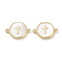 Real 18K Gold Plated Rack Plating Brass Pave Shell Connector Charms, Long-Lasting Plated, Lead Free & Cadmium Free, Flat Round with Cross, Real 18K Gold Plated, 13x19x2mm, Hole: 1.2~1.4mm