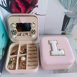 Letter L Letter Imitation Leather Jewelry Organizer Case with Mirror Inside, for Necklaces, Rings, Earrings and Pendants, Square, Pink, Letter L, 10x10x5.5cm
