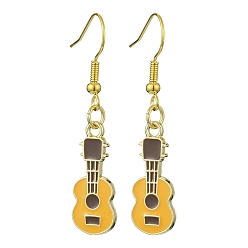 Gold Golden Alloy Enamel Dangle Earrings, Guitar, Gold, 43x9.5mm