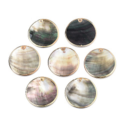 Black Lip Shell Natural Black Lip Shell Pendants, with Light Gold Plated Brass Edge, Flat Round, 30x2~3.5mm, Hole: 1.4mm
