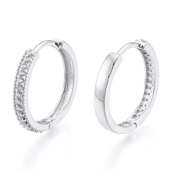 Real Platinum Plated Clear Cubic Zirconia Hinged Hoop Earrings, Brass Jewelry for Women, Nickel Free, Real Platinum Plated, 24.5x26x3.5mm, Pin: 1.2mm