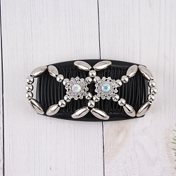 Silver Wood Hair Bun Maker, Stretch Double Hair Comb, with Plastic Bead and Rhinestone, Silver, 75x107mm