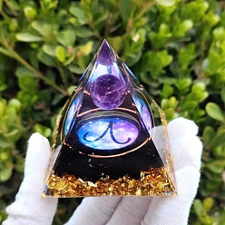 Aries Orgonite Pyramid Resin Energy Generators, Reiki Natural Amethyst & Natural Obsidian Chips Inside for Home Office Desk Decoration, Aries, 50mm