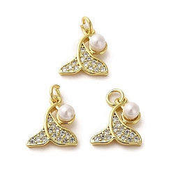 Seashell Color Rack Plating Real 18K Gold Plated Brass Pendants, with Cubic Zirconia and Plastic Imitation Pearl, Long-Lasting Plated, Lead Free & Cadmium Free, Fishtail, Seashell Color, 13x12x5.5mm, Hole: 2mm