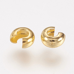 Золотой Латуни обжимной шарики охватывает, круглые, золотые, диаметром около 4 мм , толщиной 3 мм , отверстие : 1.5 мм