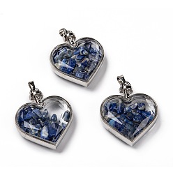 Lapis Lazuli Glass Bottle Pendants, with Natural Lapis Lazuli Chips and Platinum Plated Alloy Findings, Heart, 40x32.5x11mm, Hole: 8x5mm