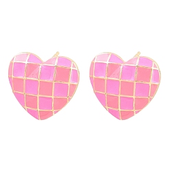Pink Латунь серьги, сердце с рисунком тартана, с эмалью, без свинца и без кадмия, долговечный, стойки покрытие, реальный 18 k позолоченный, розовые, 17x18 мм