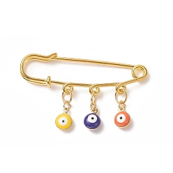 Random Color Rack Plating Brass Enamel Evil Eye Charms Safety Pin Brooch, Golden Iron Lapel Pin for Sweater Shawl Clips Waist Pants Extender, Random Color, 25~29x49~50mm