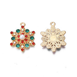 Light Gold Rack Plating Alloy Pendants, with ABS Plastic Imitation Pearl and Colorful Rhinestone, Cadmium Free & Nickel Free & Lead Free, Christmas Snowflake, Light Gold, 24.5x19x5.5mm, Hole: 1.8mm