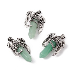 Зеленый Авантюрин Большой остроконечный кулон из натурального зеленого авантюрина, с фурнитурой из сплава дракона античного серебра, без свинца и без кадмия, пуля, 50~51x34~34.5x14.5~15.5 мм, отверстие : 6x4 мм