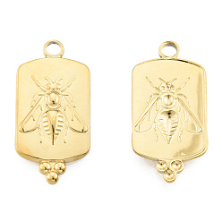 Real 18K Gold Plated Ion Plating(IP) 201 Stainless Steel Pendants, Rectangle with Bees, Real 18K Gold Plated, 29x14x2mm, Hole: 2.5mm