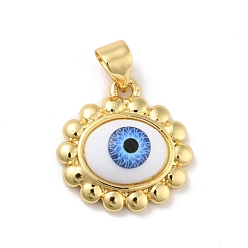 Royal Blue Brass Pendants, with Acrylic, Cadmium Free & Lead Free, Long-Lasting Plated, Oval with Evil Eye, Real 18K Gold Plated, Royal Blue, 16x16.5x5.5mm, Hole: 4x3.5mm