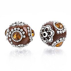Saddle Brown Handmade Indonesia Beads, with Topaz Rhinestone and Antique Silver Tone Brass Findings, Round, Saddle Brown, 21~22x21~22x19.5mm, Hole: 1.8mm