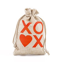Heart Valentine's Day Printed Burlap Drawstring Pouches, Red, Rectangle, Heart, 15x10cm