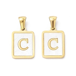 Letter C Ion Plating(IP) 304 Stainless Steel Pave Shell Pendants, Rectangle Charm, Real 18K Gold Plated, Letter C, 17.5x12x1.5mm, Hole: 3x5mm