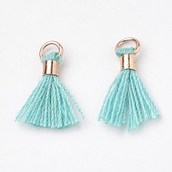 Turquoise Polycotton(Polyester Cotton) Tassel Pendant Decorations, Mini Tassel, with Brass Findings, Light Gold, Turquoise, 10~15x3~4mm, Hole: 2mm