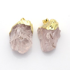 Golden Electroplate Natural Nuggets Rose Quartz Pendants, with Brass Findings, Golden, 15~32x25~55mm, Hole: 8x5mm