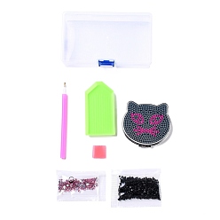 Black DIY Cat Special Shaped Diamond Painting Mini Makeup Mirror Kits, Foldable Two Sides Vanity Mirrors, with Rhinestone, Pen, Plastic Tray and Drilling Mud, Black, 74x89x12.5mm