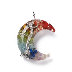 Mixed Stone Chakra Natural Mixed Stone Chips & Transparent Resin Big Pendants, Moon Charms, with Platinum Tone Brass Wire Wrapped, Cadmium Free & Lead Free, 52~53x36~37x14~16mm, Hole: 8mm