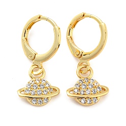 Real 18K Gold Plated Planet Shape Rack Plating Brass Micro Pave Cubic Zirconia Dangle Leverback Earrings, Long-Lasting Plated, Cadmium Free & Lead Free, Real 18K Gold Plated, 23.5x10.5mm