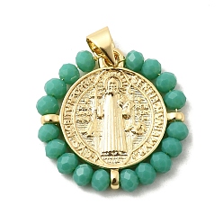Зеленый Латунь стекло кулоны, плоский круглый с амулетом в виде святого и креста, долговечный, без кадмия и без свинца, реальный 18 k позолоченный, граненые, зелёные, 21x20.5~21x3 мм, отверстие : 5x3.5 мм