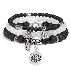 FD9463-19CM Bohemian Style Natural Jade Bracelet Set with Lotus Pendant Beads