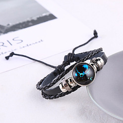 Pisces Vintage Zodiac Constellation Leather Bracelet with Glass Night Sky and Glow-in-the-Dark Stars for Couples