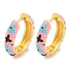 Pink Латунные серьги обруча, с цветочной эмалью, без кадмия и без свинца, долговечный, реальный 18 k позолоченный, розовые, 19x4.5 мм