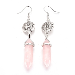 Rose Quartz Pointed Bullet Natural Rose Quartz Dangle Earrings, with Brass Earring Hooks and Flat Round with Flower of Life Links, Platinum, 77mm, Pin: 0.7mm