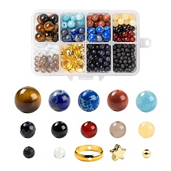 Mixed Color DIY Solar System Theme Planet Jewelry Kits, 360Pcs Natural & Synthetic Gemstone Round Beads, 94Pcs Geometry & Star Brass Beads, Mixed Color, Gemstone Beads: 360pcs/box