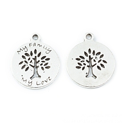 Antique Silver Tibetan Style Alloy Pendants, Flat Round with Tree of Life, Antique Silver, 17x14x1mm
