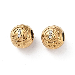 Letter R 304 Stainless Steel Rhinestone European Beads, Round Large Hole Beads, Real 18K Gold Plated, Round with Letter, Letter R, 11x10mm, Hole: 4mm