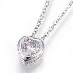 Stainless Steel Color 304 Stainless Steel Pendant Necklaces, with Brass Cubic Zirconia Pendant, Heart, Clear, Stainless Steel Color, 17.6 inch(45cm), Pendant: 7x7x4mm