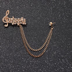 Musical Note British Style Alloy Crystal Rhinestone Hanging Chain Brooch, Golden, Musical Note, 140mm