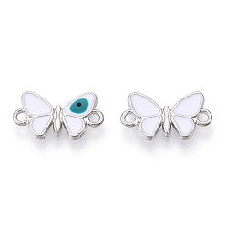 White Alloy Enamel Connector Charms, Cadmium Free & Lead Free, Butterfly with Evil Eye Links, Platinum, White, 10x17.5x2mm, Hole: 1.6mm