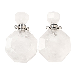 Хрусталь Кулоны для духов из натурального кварца, с 304 фурнитурой из нержавеющей стали, граненые, восьмиугольные прелести, цвет нержавеющей стали, 39~40x24~25x11~12 мм, отверстие : 1.8 мм