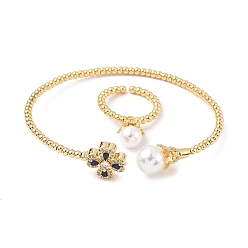 Темно-Синий Комплекты колец и браслетов-манжет с клевером из латуни с микропаве из кубического циркония для женщин, с акриловой жемчужины, стойки покрытие, реальный 18 k позолоченный, темно-синий, браслет: 3~13ширина мм, внутренний диаметр: 63x54 мм